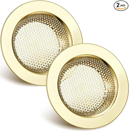 Retisee 2 Pcs Sink Strainer Stainless Steel Kitchen Sink Drain Strainer Basket Cover Mesh Hair Food Catcher, Large Wide Rim of 4.4 Diameter(Gold)