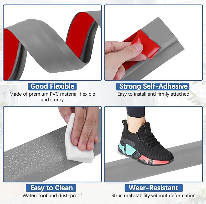 Vinyl Door Threshold Flooring Transition Strip Self Adhesive Carpet Edging Strip for Laminate Doorway Edge Threshold from 1/5" to 2/5" (Gray, 3.3 Ft)