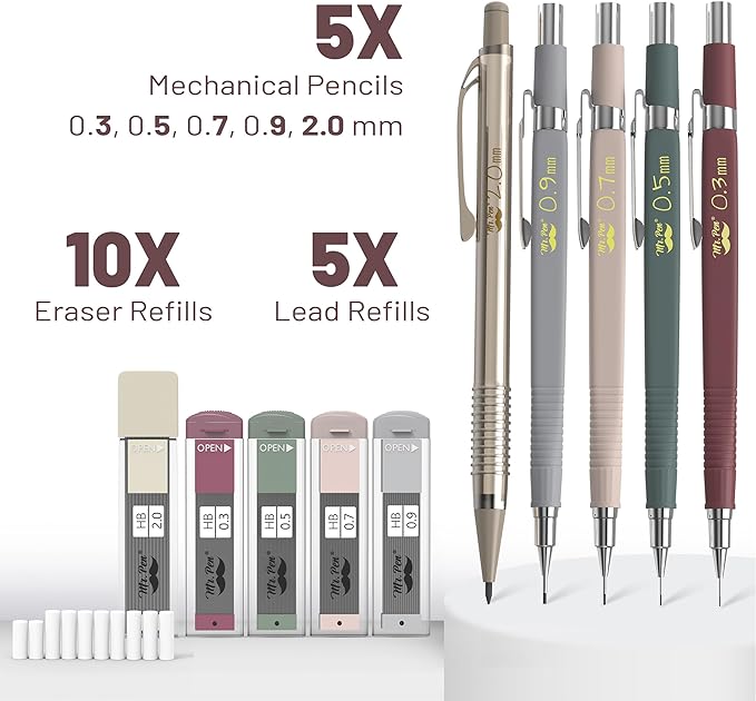 Mr. Pen- Mechanical Pencil Set with Leads and Eraser Refills, 5 Sizes - 0.3, 0.5, 0.7, 0.9 and 2 Millimeters, for Drafting, Drawing and Sketching, Back to School Supplies