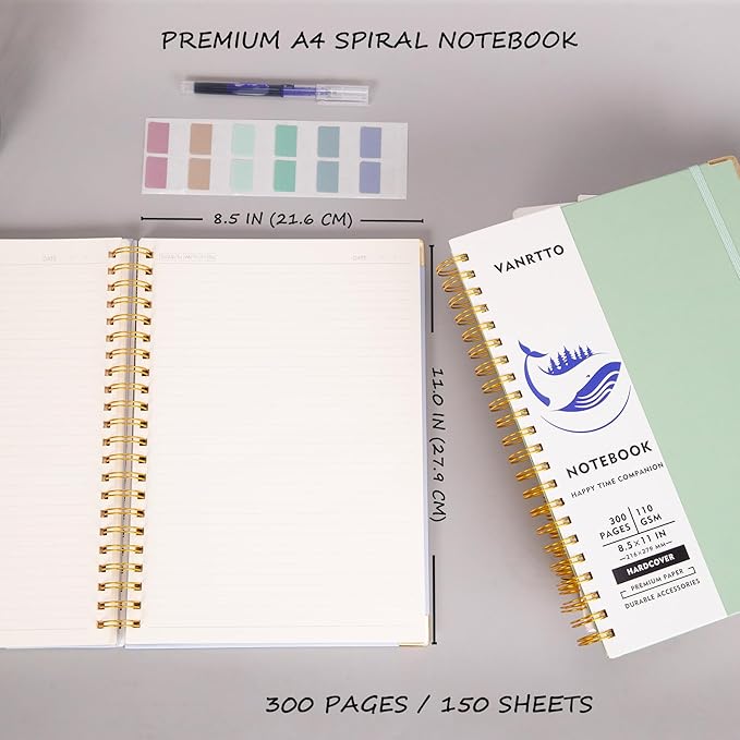 Spiral Notebook, Hardcover 8.5 x 11 IN College Ruled Notebooks, 300 Pages Notebooks for Work and School, 110 GSM Thick Papers Journals for Writing, Office Supplies for Women and Men Blue
