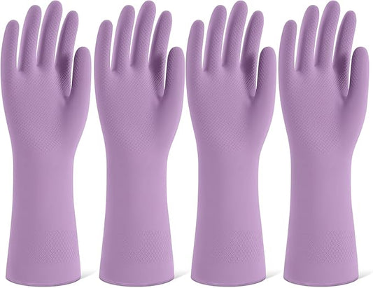 Rubber Cleaning Gloves for Dishwashing, 4 Pairs Reusable Kitchen Gloves for Washing Dishes and Household Cleaning, Purple Dish Gloves with Flocked Lining and Non-Slip Grip, Pefect for Woman Men - S