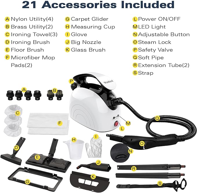 Steam Cleaner, Handheld Steamer with 21 Accessories, 248°F High-Temperature Steam for Floors, Grout, Tiles, Carpet, Cars - Portable 1.08L Tank, Child Lock, Chemical-Free Cleaning