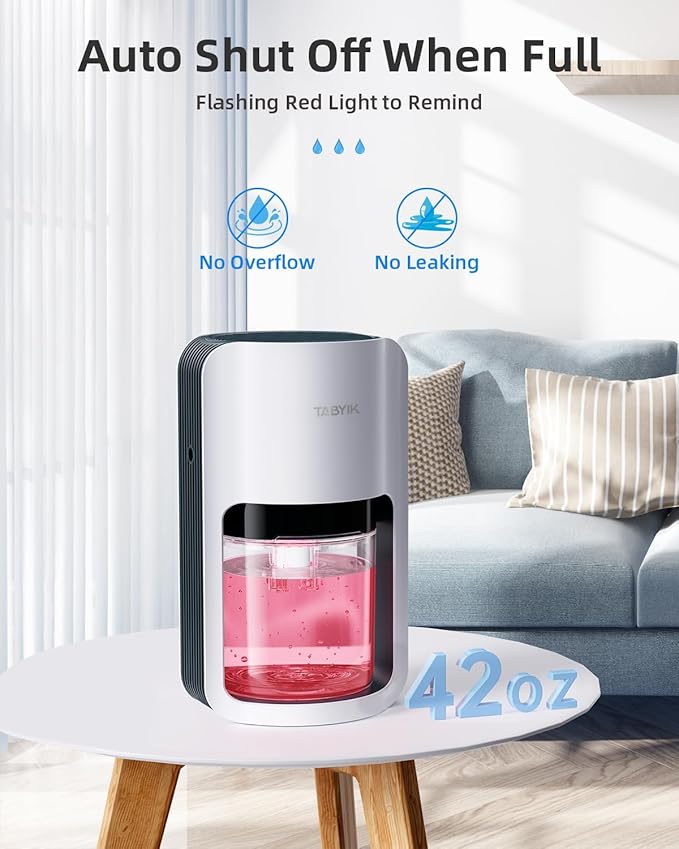 TABYIK Dehumidifiers for Home, 42oz Dehumidifier for Bathroom, Dehumidifiers for Room with Auto Shut Off, Auto Defrost Quiet Dehumidifier for Bedroom Wardrobe Closet Trailer RV