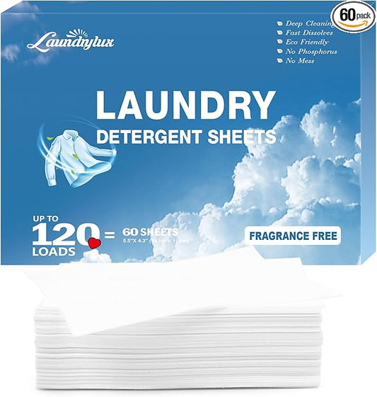 Laundry Detergent Sheet, Eco-Friendly & Hypoallergenic Wash Strips, Natural Ingredients, Ultra-Concentrated, Travel-Ready, No Plastic Jug- Unscented, (120 Loads) 60 Sheets