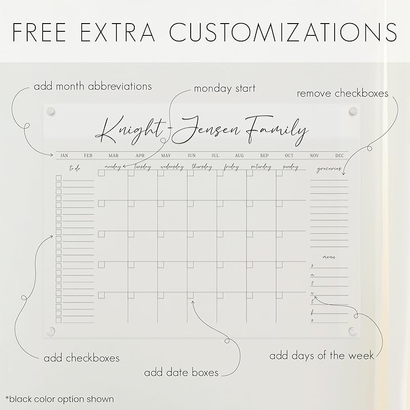 Personalized Clear Acrylic Calendar for Wall, Calendar Whiteboard for Wall, Dry Erase Wall Calendar, Wall Calendar Organizer System for Home (Cursive, Blush, 47.5"W x 36"H)