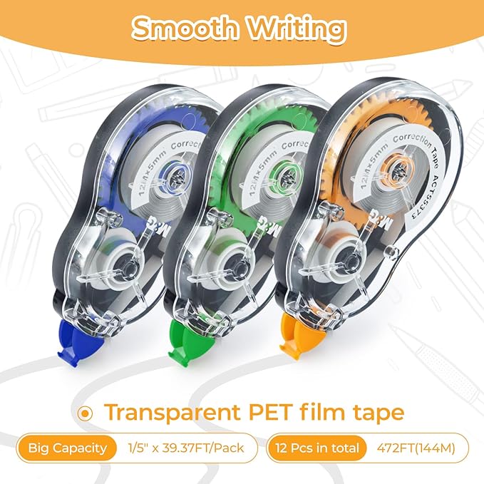 M&G 39.3 Feet Correction Tape, 12 Pack Correction Tape, Easy to Use Applicator for Instant Corrections, Study Supplies and Office Products, Total 472FT/144M