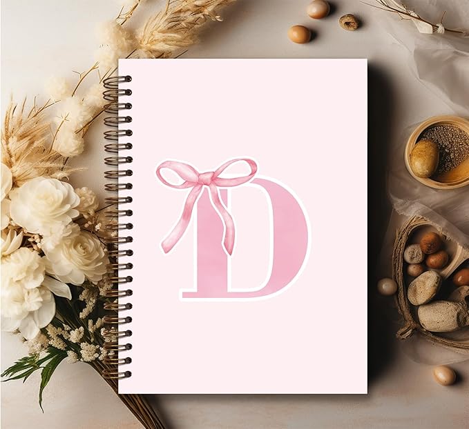 Coquette Trendy Preppy Pink Bow Spiral Notebook,Initial D Journal Personalized Teen Girl Gifts,Monogrammed Gifts for Women Teen Girl,College Ruled Hardcover Spiral Notebook 5.5 x 8.3