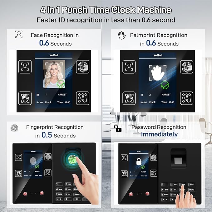 KUIIYER 4 in 1 Employee Time Clocks for Small Business (Face + Fingerprint + Palm Print + PIN) Employee Clock in & Out Machine Attendance Punch Clock