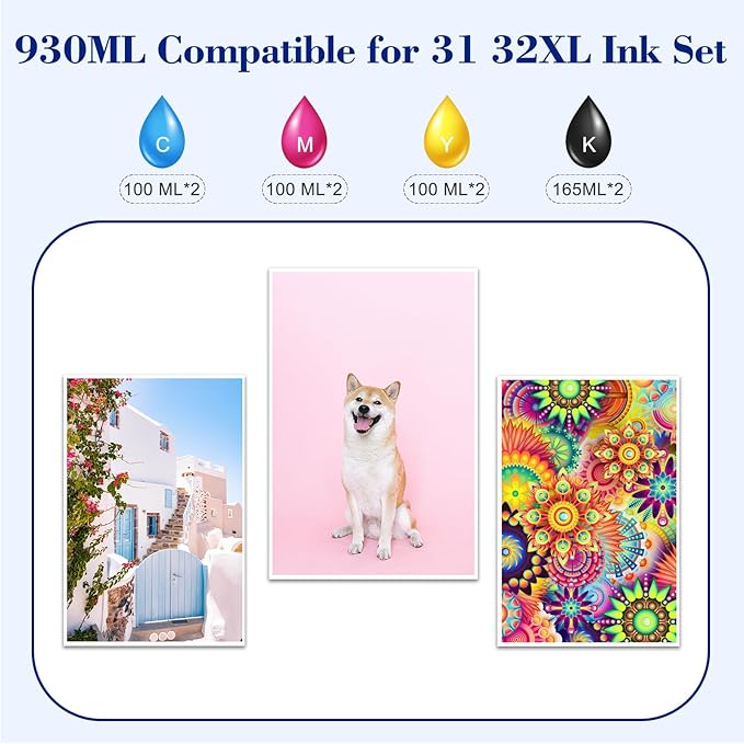 Pristar 8 Pack 32XL 31 Ink Compatible with HP 31 32XL Ink Bottle Set Replacement with HP Smart Tank 6001 5101 651 5000 7301 7001 7602 5102 Plus 551 455 457 450 (165 ML 32XL Black, 100 ML 31 CMY