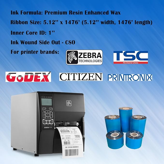 6 Rolls 5.12'' x 1476' Premium Resin Enhanced Wax Ribbon, 130mm x 450m Black Thermal Transfer Ribbon, Barcode Thermal Label Printer Ribbon, CSO-Ink Outside, 1'' Core for Zebra, TSC, GoDex, Citizen