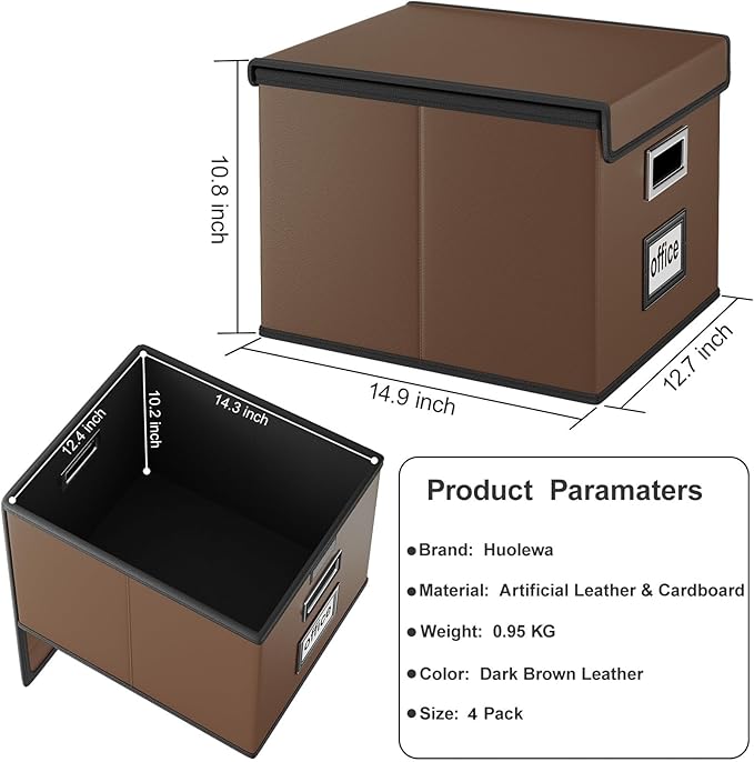 Huolewa File Organizer Box with Lid, Collapsible Leather File Folder Organizer for Office Document Storage, Filing Box with Plastic Slide for Letter/Legal Size Hanging Files, Dark Brown, 4 pack