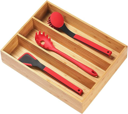 Umilife Bamboo Kitchen Utensils Organizer, 13 Inch Drawer Dividers for Silverware, Extra Deep Holder, with Non-Slip Feet, Wood Caddy for Flatware Cutlery