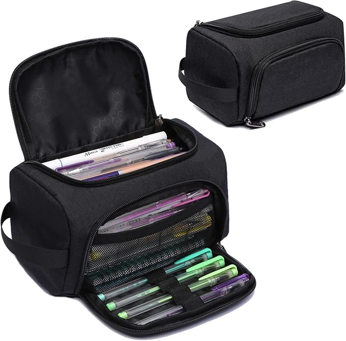 XQXA Large Capacity Pencil Case Organizer, Multifunctional Extra Big Pencil Pouch with Compartmens, Travel Simple Stationery Pen Bag, Fabric Pencil Bag for Men Women Girl Boy (Black)