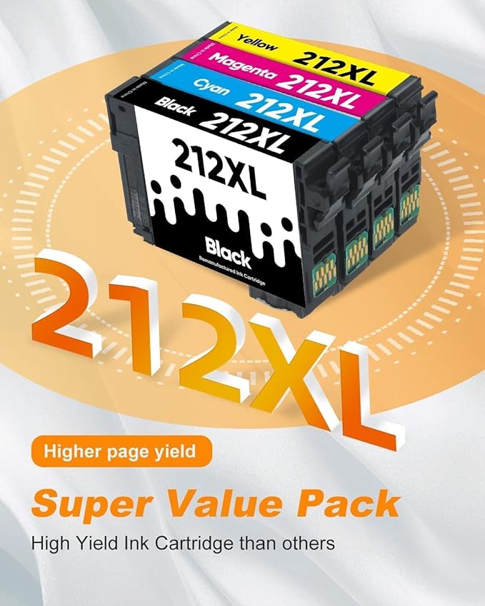 MILEKO 212XL Remanufactured Ink Cartridges Replacement for Epson 212 XL T212 Work for Epson Workforce WF-2850 WF-2830 Expression Home XP-4100 XP-4105 Printer (2 Black, Cyan, Yellow, Magenta, 5-Pack)