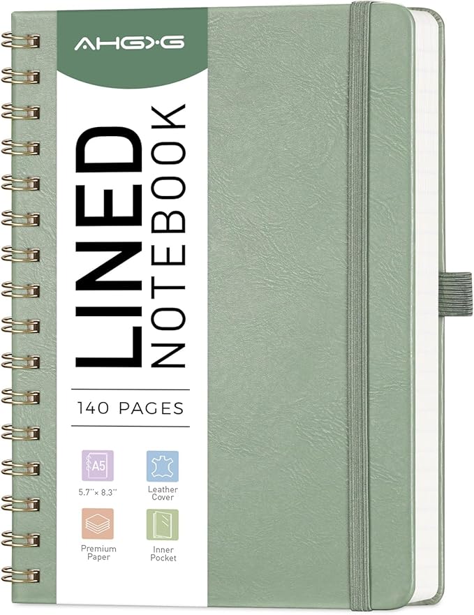 AHGXG Lined Spiral Journal Small Notebook for Women, Notebook College Ruled A5 5.7" X 8.3", 140 Numbered Pages, Hardcover Leather, Meeting Notebook for Work, School Office Supplies, Sage Green