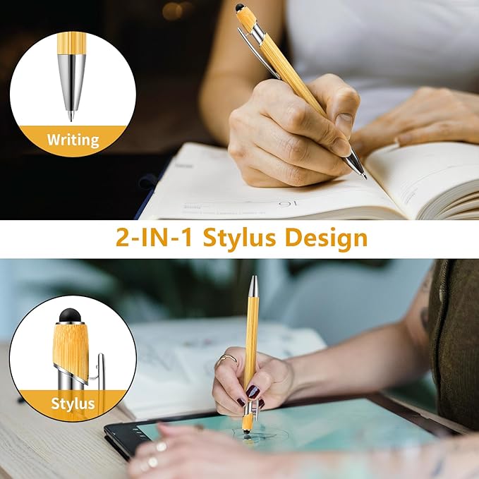 Personalized Pen Customizable Bamboo Pen with Stylus -Custom Text Logo Name Ballpoint Pens with Black Ink-Personalized Gift Ideas for School Office Business Home(50 Count/Pack)