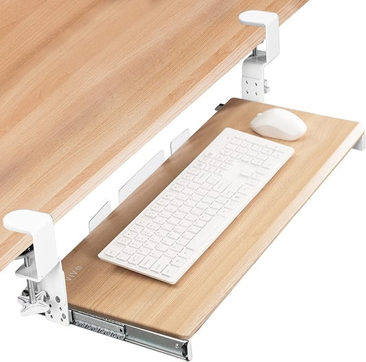 VIVO Large Height Adjustable Under Desk Keyboard Tray, C-clamp Mount System, 27 (33 Including Clamps) x 11 inch Slide-Out Platform Computer Drawer for Typing, Light Wood, MOUNT-KB05HA