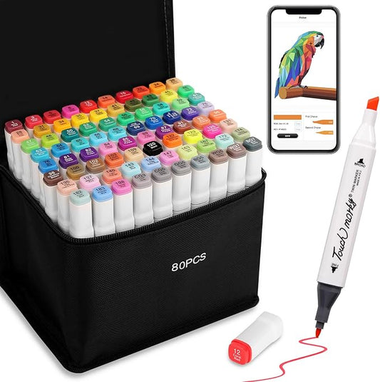 80 Colors Alcohol Markers with Free App, Chisel Tip and Fine Tip, Dual Tip Alcohol-Based Marker set for Artist Adults, Art Markers for Painting, Coloring, Sketching and Drawing,Great Gift Idea
