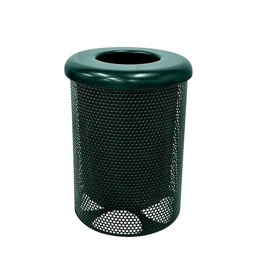 COATEDOUTDOORFURNITURE RFT-P-DGRN Heavy Duty Round Trash Receptacle with Flat Top, Liner Included, 32 Gallon, Dark Green, Made in America