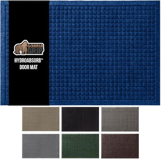 GORILLA GRIP Front Door Mat, Indoor Outdoor Ultra Absorbent HydroAbsorb Doormat, Absorbs Up to 1.7 Cups of Water, Stain and Fade Resistant, Rubber Backing Doormats, Captures Dirt, 29x17 Blue