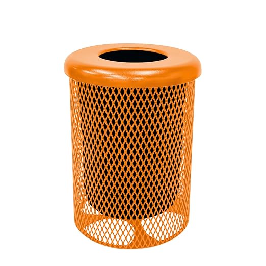 COATEDOUTDOORFURNITURE RFT-ORG Heavy Duty Round Trash Receptacle with Flat Top, Liner Included, 32 Gallon, Orange, Made in America
