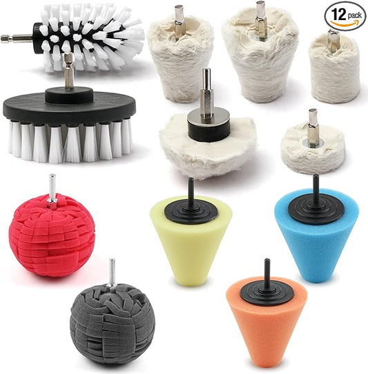 Polishing Pad Buffing Wheel Kit 12 Pack, Polishing Ball for Drill,for Car Care Metal Aluminum Stainless Steel Chrome Wood Plastic Ceramic Glass Woods Fabric Cotton Machine Jewelry