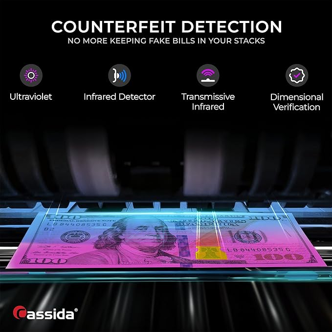 Cassida 6600 UV – USA Business Grade Money Counter with UV/IR Counterfeit Detection – Top Loading Bill Counting Machine w/ ValuCount™, Add and Batch Modes – Fast Counting Speed 1,400 Notes/Min