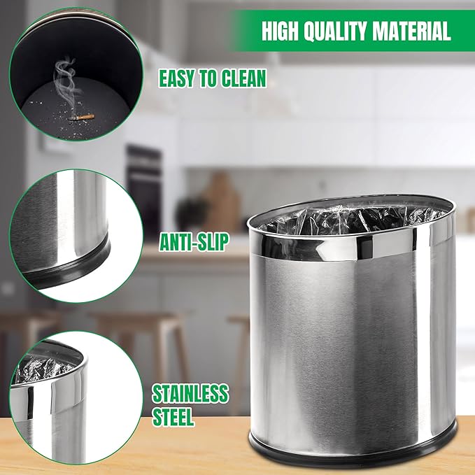 Invisi-Overlap' Open Top Stainless Steel Trash Can, Small Office Wastebasket, Modern Home Décor, Oval Shape