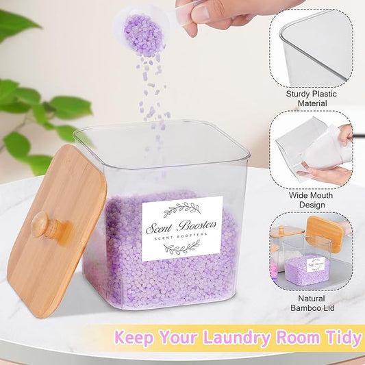 efluky 3 Pack Laundry Pods Container & Dryer Sheet Holder Set,Clear Laundry Room Organization Containers with Bamboo Lids and Labels,Laundry Pods Holder for Scent Booster,Powder,Pod