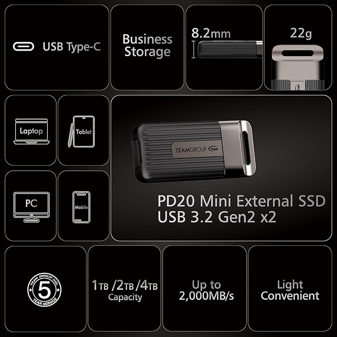 TEAMGROUP PD20 2TB Portable External Solid State Drive SSD Read up to 2000MB/s USB 3.2 Gen2x2 Type-C Waterproof Dustproof IP54 TPSEG5002T0C102