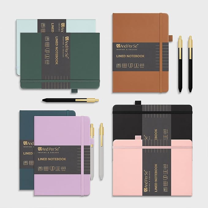 A5 Lined Leather Journal and Pen Set, Hardcover Notebook with Pen, 160 Pages 100gsm Thick Ruled Paper for Men Women, for Work, Business, School or Home Writing, 5.7'' x 8'' (Pink-Set1)