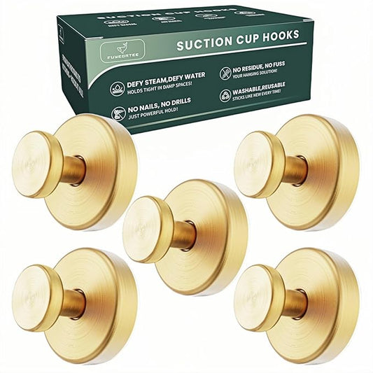 2025 Upgraded Stainless Steel Heavy Duty Suction Cup Hooks for Shower Bathroom Accessories Removable Hook for Glass Window Door Wall Hooks for Hanging Towels Robes Wreaths (Pack of 5, Gold)