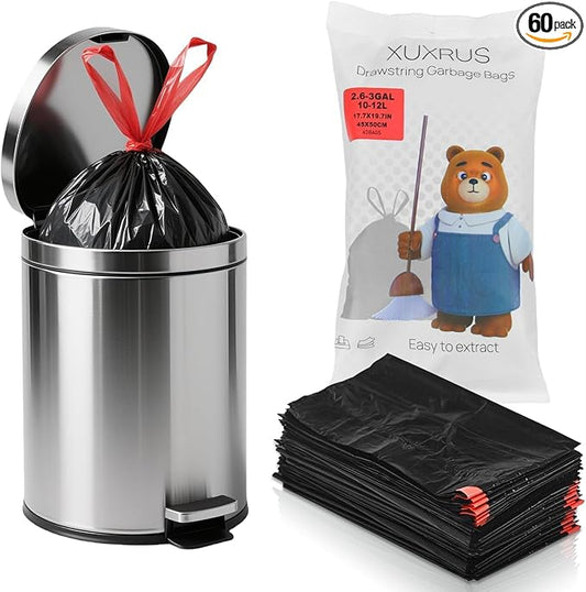 XUXRUS 2.6-3 Gallon Black Bathroom Drawstring Trash Bags - 60 Count Folded Small Garbage Bags, Tear-Resistant & Leak-Proof, Odor Control Liners for Bathroom, Kitchen, Office – Heavy Duty Trash Bags