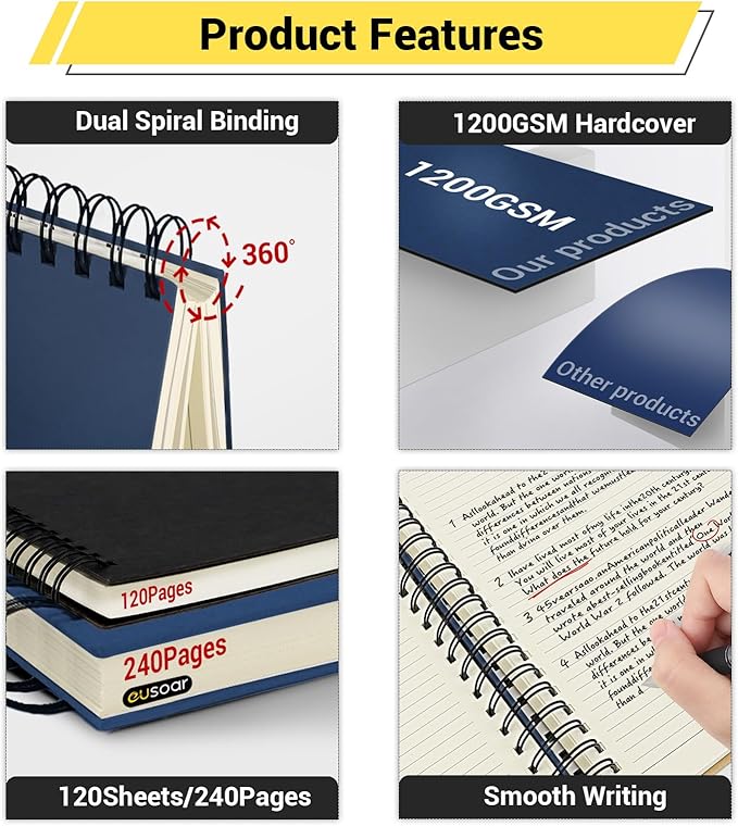 EUSOAR Blue Journal, 1 Pack A5 5.5"x8.3" Hardcover Spiral Lined Notebook College Ruled, 240 Pages(120 Sheets) Writing Pads Professional Notebook for DIY Note Taking School Business Work Office Diary