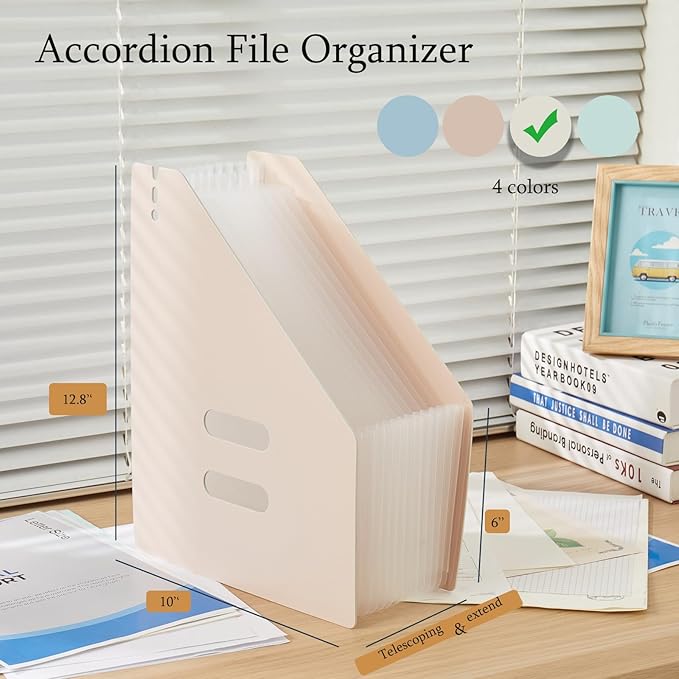 2-Piece Vertical Accordion Folder Manager, 13 Grid Expansion Pages, Vertically Opened Storage Bag for organizing Materials, School, Home, and Office letterhead, Green