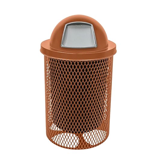 COATEDOUTDOORFURNITURE 32-Gallon Heavy-Duty Expanded Metal Round Trash Receptacle, Commercial Outdoor Waste Bin with Liner & Black Dome Lid – Made in America (Textured Copper)