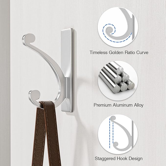 Adhesive Wall Hook for Towel/Coat - Extra Sticky 10LB Stainless, Stick on Hanger for Bath or Shower, Matt Silver 4-Pack