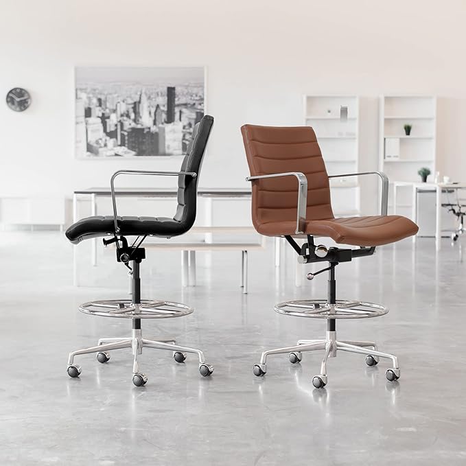 Laura Davidson Furniture SOHO II Ribbed Drafting Chair for Standing Desks, Standing Desk Chair - Ergonomically Designed, Commercial Grade Draft Height, Arm Rest & Cushion, Made of Faux Leather, Brown