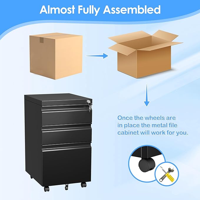 3 Drawer Steel Mobile File Cabinet with Lock for Legal/Letter/A4 Folders, 23.6''H Rolling File Cabinet for Home, Office, Fully Assembled Except Wheels, Black