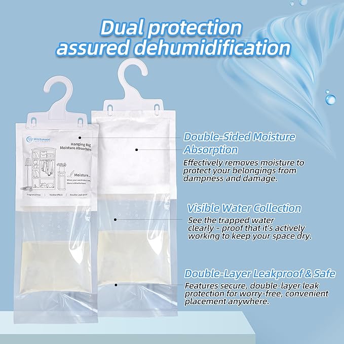 Moisture Absorber Hanging Bags 6 Pack - 7 oz Fragrance-Free Dehumidifier for Closet, Bathroom, Bedroom – Double Leak-Proof Design & Dual-Sided Absorption