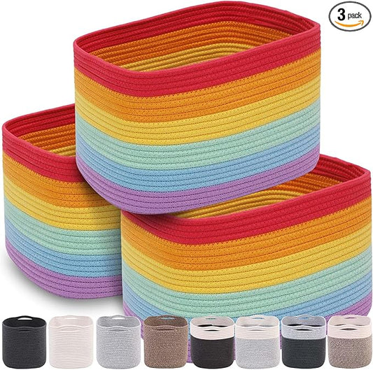 CHAT BLANC Rainbow Cotton Rope Baskets for Organizing | Storage Baskets for Shelves | Rainbow Rope Basket for Storage, Small Laundry Baskets, Woven Baskets for Storage, Dog Toy Bin, Baby Basket, 3Pack