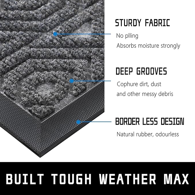 Yimobra Door Mat, Outdoor Indoor Entrance Welcome Mat, Heavy Entry Front Door Mat, Stain & Fade Resistant, Low Profile, Sturdy Rubber, Easy Clean Patio Floor Mat, Waterproof, 29.5 x 17, Gray