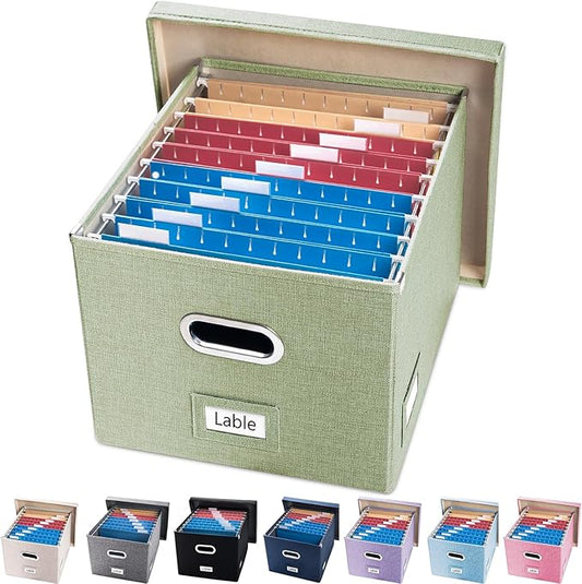 PRANDOM File Organizer Box - Set of 1 Collapsible Decorative Linen Filing Storage Hanging File Folders with Lids Office Cabinet Letter/Legal Green (17x14x11.2 inch)