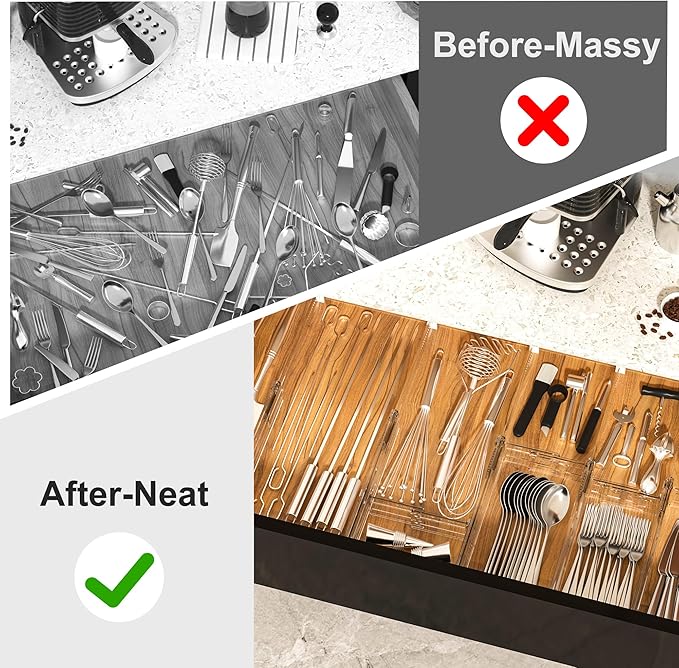 HiYZ Expandable Drawer Dividers - 12.6-22.8'' Adjustable Drawers Organizers for Kitchen Utensils, Drawer Separators in Bedroom, Dresser, Office, Bathroom, Fridge, 12 Pack Long Dividers-Clear