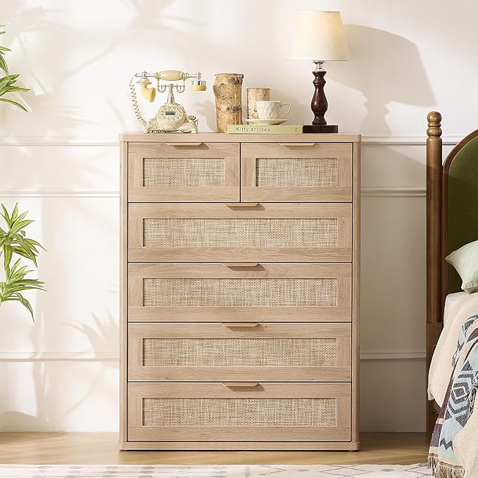 LEYAOYAO Rattan Dresser for Bedroom Set of 2, 42" Tall Chest of Drawers, Modern 6 Drawers Boho Dressers with Storage, Light Oak Dresser Wooden Closet Organizer for Living Room, Hallway, Natural Wood