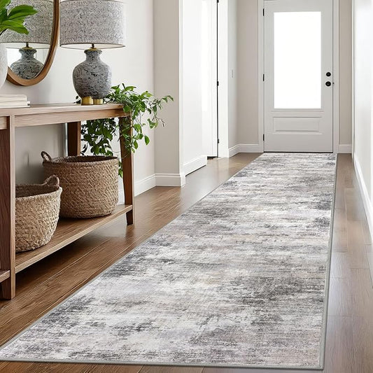 IOHOUZE Abstract Runner Rug 3x16 Ft Washable Runners for Hallways, Non Slip Kitchen Runner Printed Faux Wool Entryway Runner Indoor, Modern Abstract Floor Carpet for Hall Stair, Grey Beige