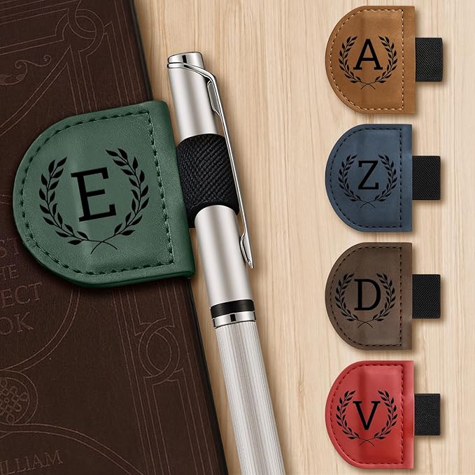 Personalized Bygone Mark Bookmark with Pen Holder,Engraving Leather Magnetic Bookmarks Vintage 26 Letters Name Initials Text Book Marker Clips Gifts for Reading Book Lovers Women (Red, S)
