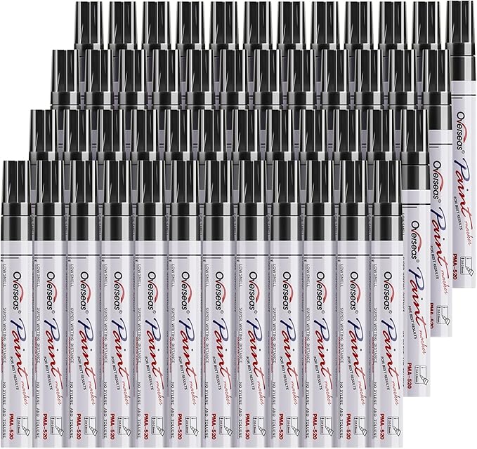 Overseas 48 Black Paint Pens, Oil Based Permanent Markers Set - Quick Drying, Waterproof, Fade-Resistant, Medium Tip Paint Markers Bulk for Wood, Metal, Rock, Ceramic, Plastic, Canvas, Glass, Rubber