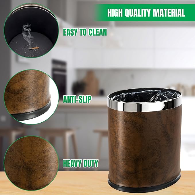 Invisi-Overlap' Open Top Leatherette Trash Can, Small Office Wastebasket, Modern Home Décor, Oval Shape (Brown)