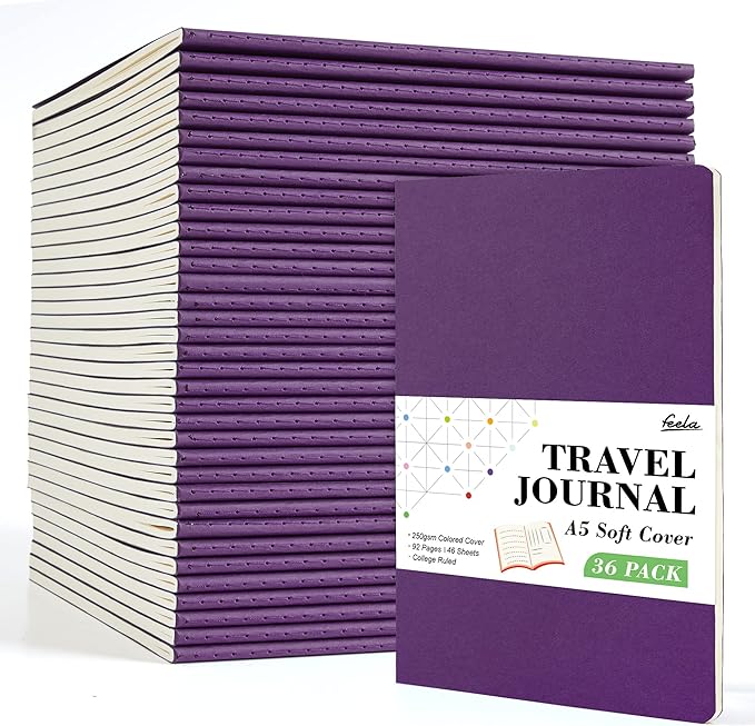 feela 36 Pack Soft Cover Journal Bulk, Lined Blank Travel Journal for Women Men Writing, Notebooks College Ruled for Work, Note Taking Notebook School Business Supplies, 8.2” x 5.5”, A5, Dark Purple